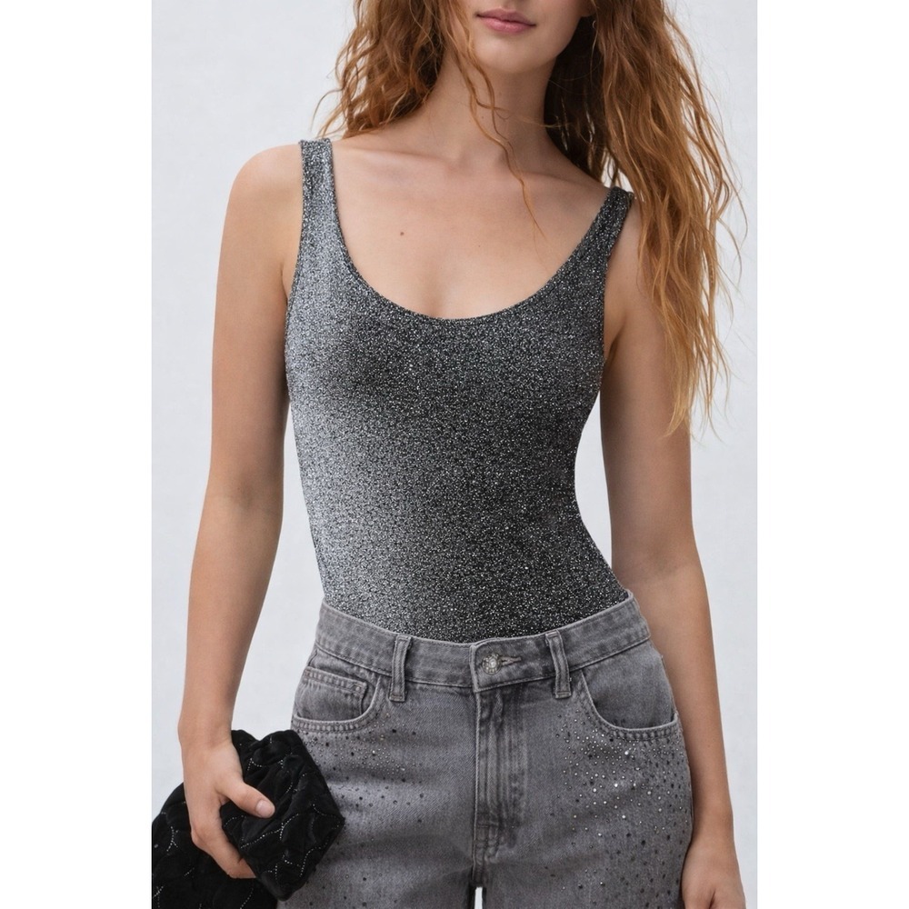 IRIS Glossy Tank Bodysuit Size S Silver/Charcoal Shimmer Sleeveless Scoop Neck